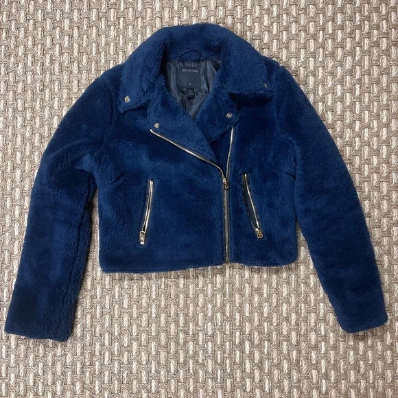 True Religion Faux Fur Moto Jacket S Dark Navy Blue Gold Women’s Sz XS NWOT - Picture 10 of 11